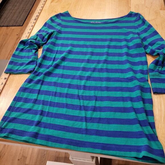 Lilly Pulitzer 3/4 Sleeve Green & Blue Striped Boat Neck T-shirt X-Small 16" p2p - Picture 1 of 7